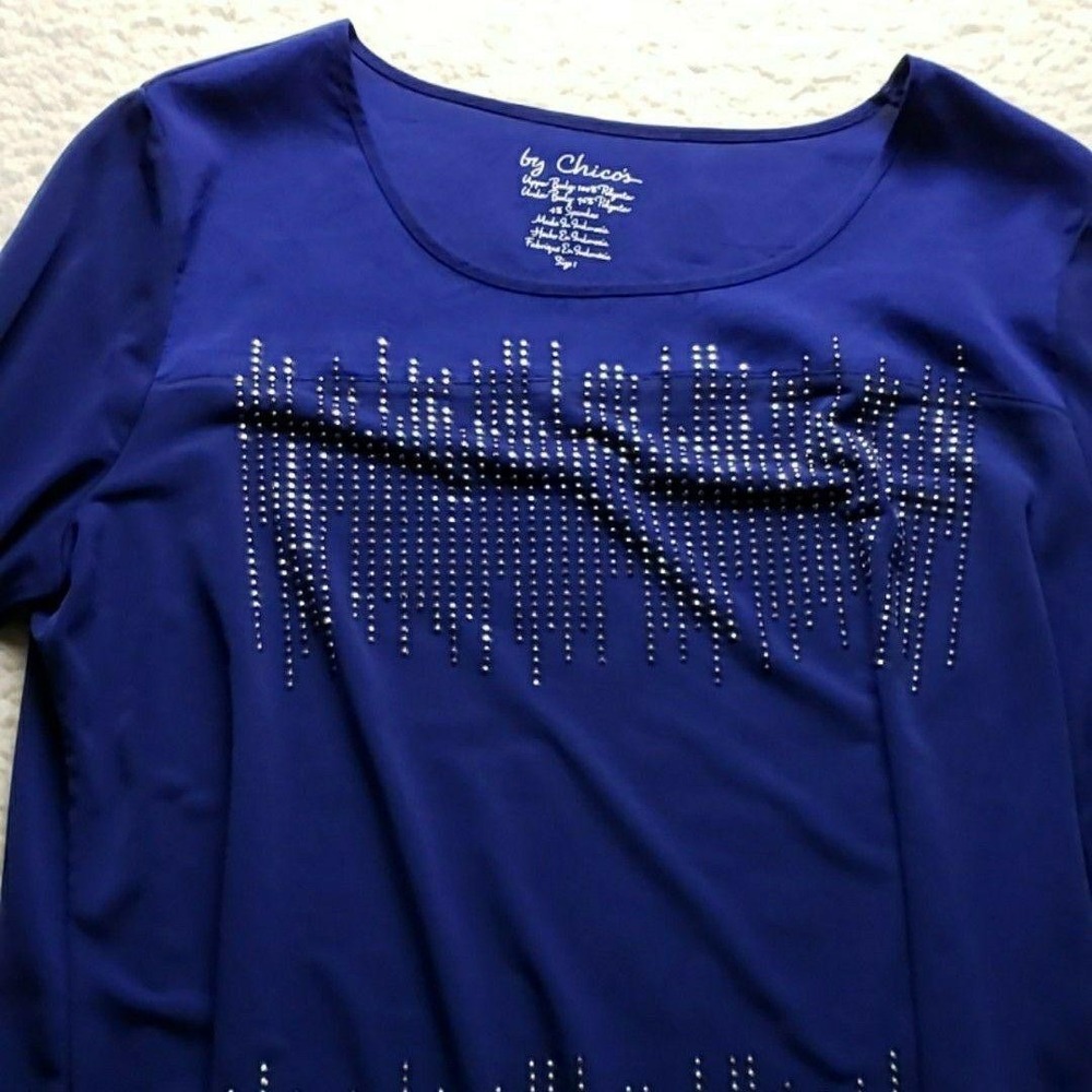 Chico's Blouse Womens 1‎ Blue Scoop Neck 3/4 Sleeve Rhinestone Tunic Top